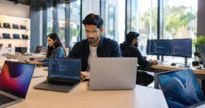 Developer comparing modern laptops for coding and programming in a premium electronics showroom.
