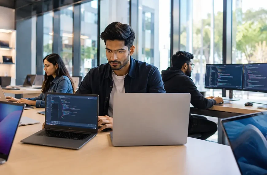 Developer comparing modern laptops for coding and programming in a premium electronics showroom.