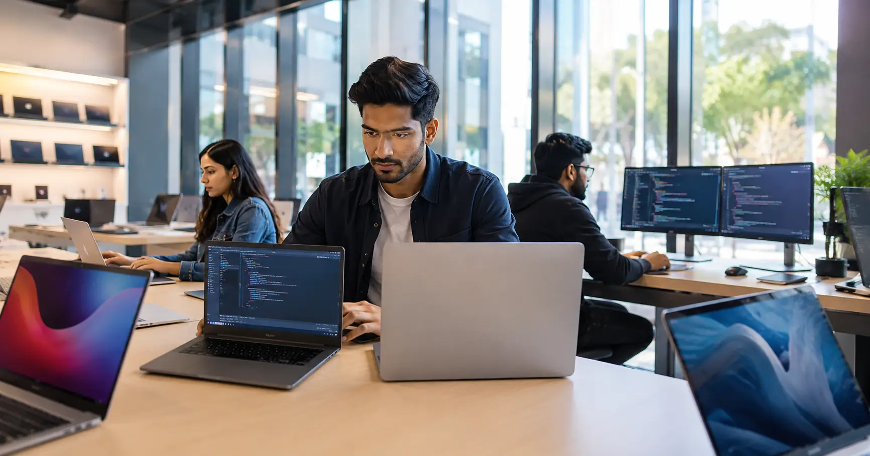 Developer comparing modern laptops for coding and programming in a premium electronics showroom.