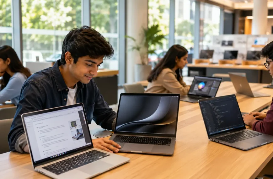 Student comparing modern laptops in a bright electronics showroom while other college students use laptops for coding, online classes, and creative work.