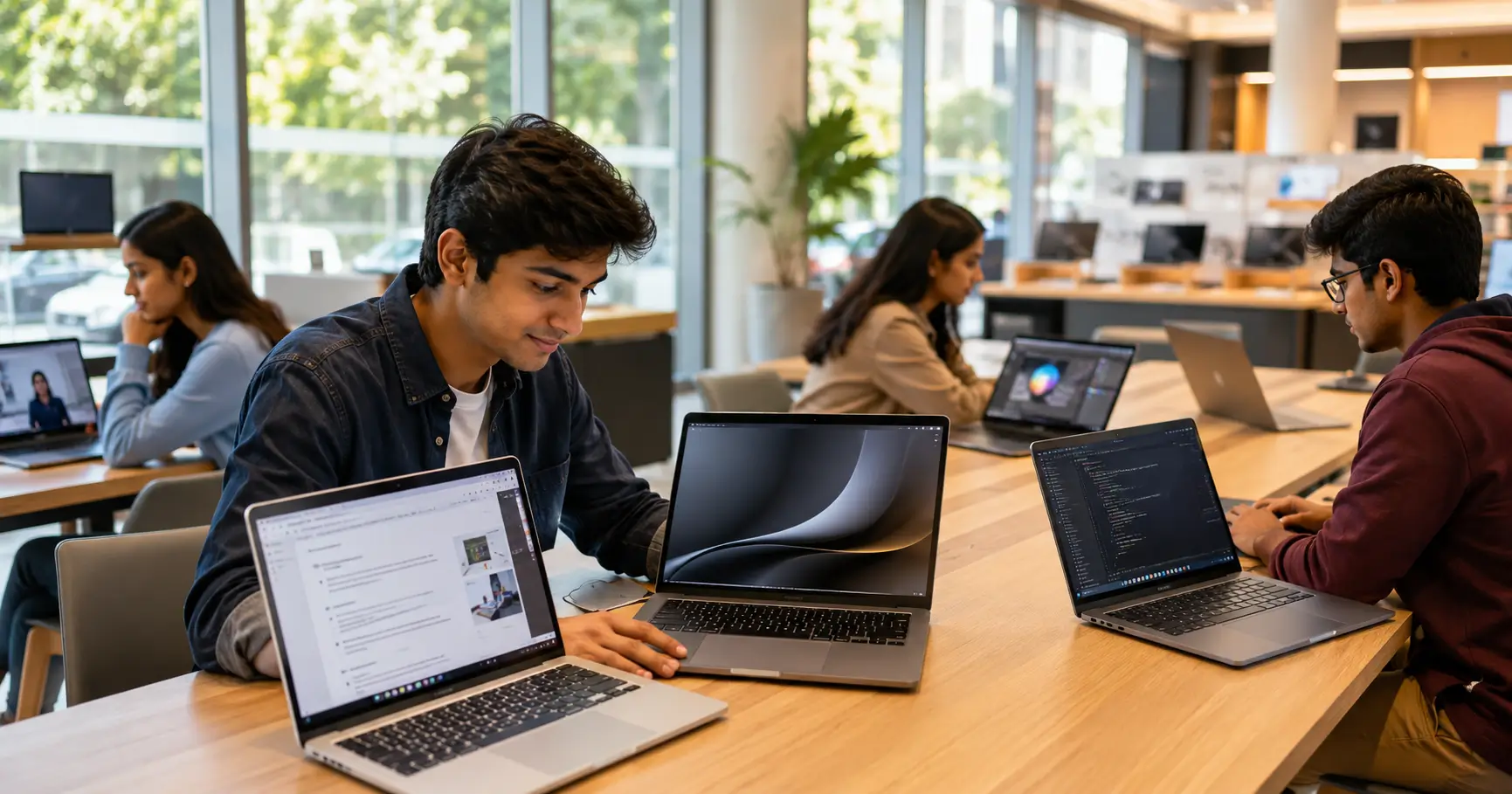 Student comparing modern laptops in a bright electronics showroom while other college students use laptops for coding, online classes, and creative work.