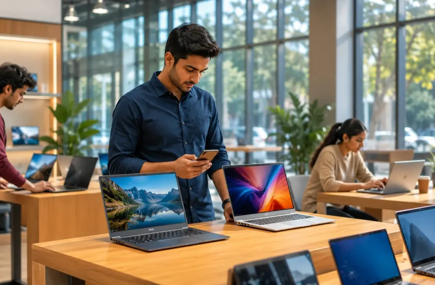 A young professional comparing the best laptops under ₹50,000 in a modern electronics showroom with premium notebook computers on display.