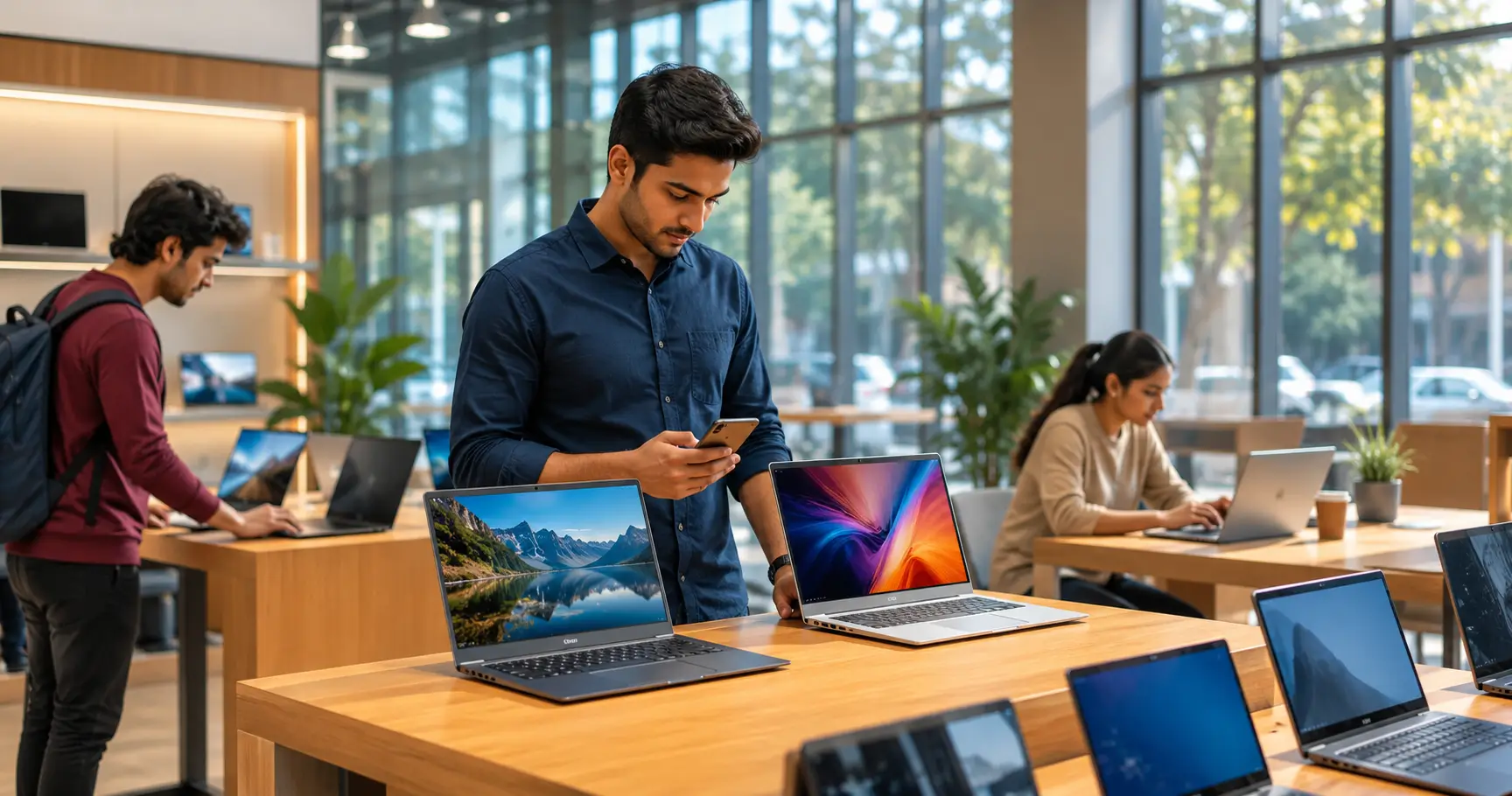 A young professional comparing the best laptops under ₹50,000 in a modern electronics showroom with premium notebook computers on display.