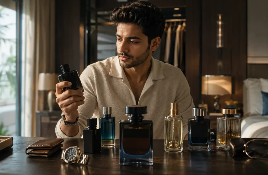 Indian man choosing among premium long lasting perfumes for men on a modern grooming table