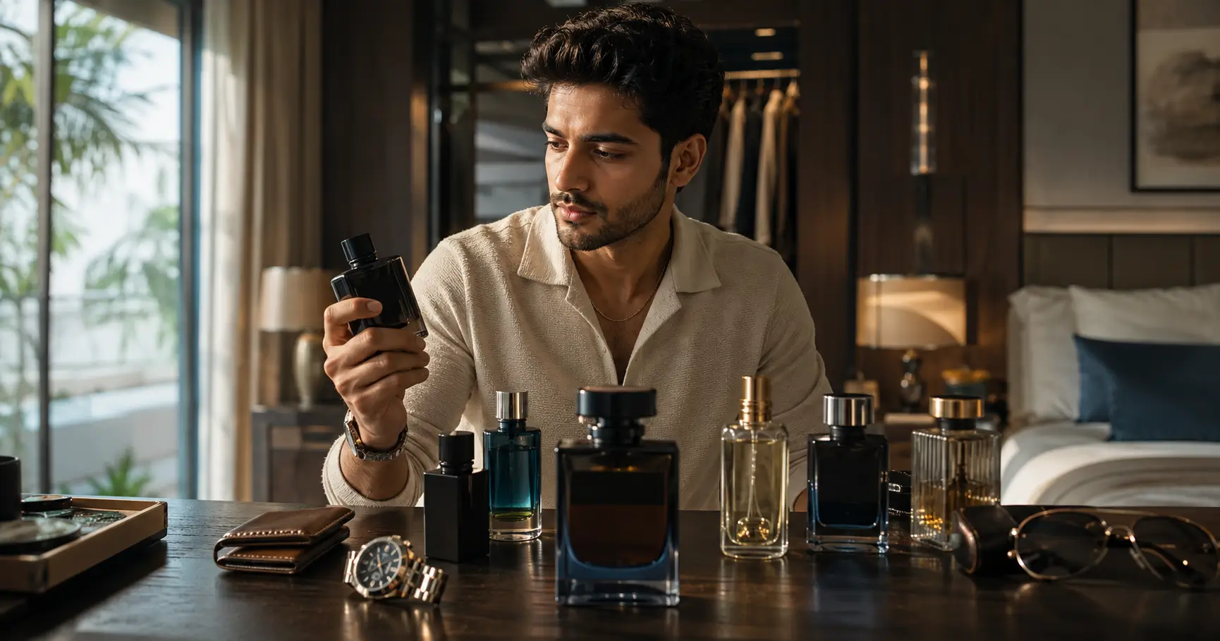 Indian man choosing among premium long lasting perfumes for men on a modern grooming table