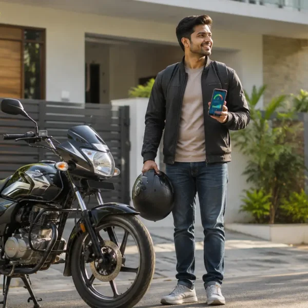 Young Indian commuter standing beside a fuel-efficient motorcycle at home