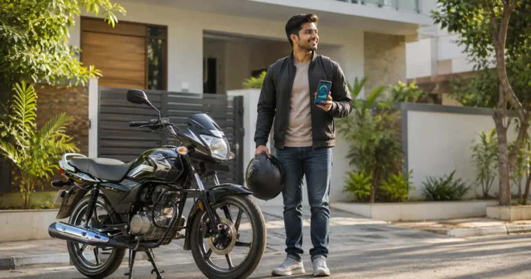 Young Indian commuter standing beside a fuel-efficient motorcycle at home