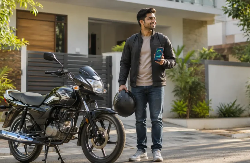 Young Indian commuter standing beside a fuel-efficient motorcycle at home