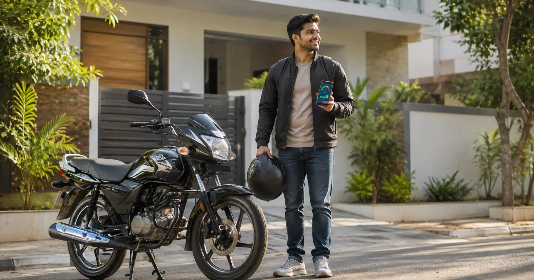 Young Indian commuter standing beside a fuel-efficient motorcycle at home