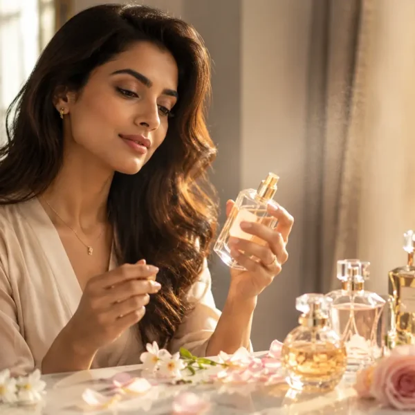 Indian woman choosing a perfume at a contemporary vanity