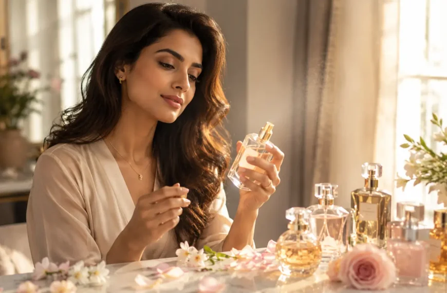 Indian woman choosing a perfume at a contemporary vanity