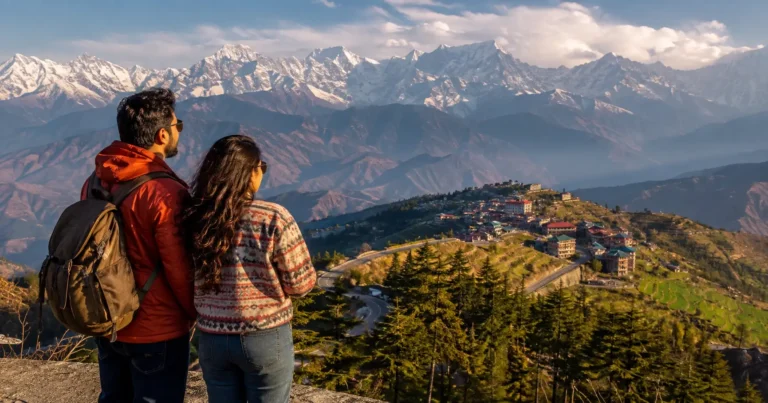 Indian travelers viewing the Himalayan mountains from a scenic Himachal Pradesh viewpoint