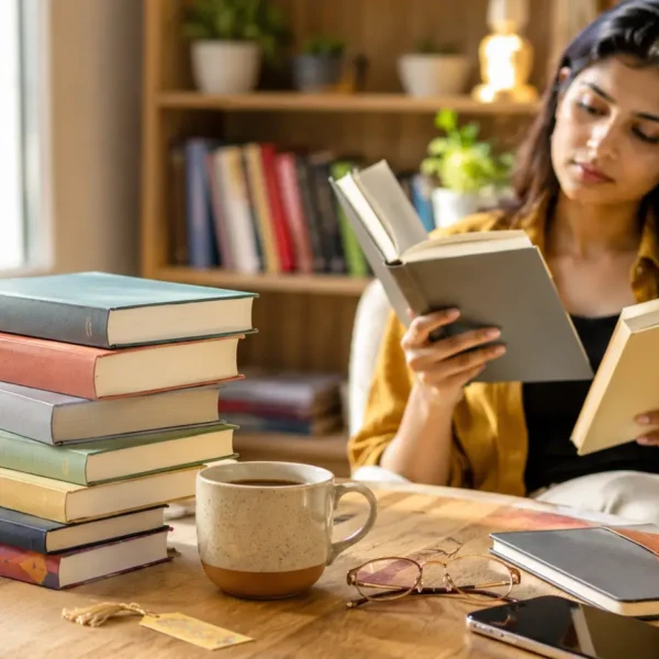 Young Indian reader choosing from a stack of bestselling books at a modern reading desk