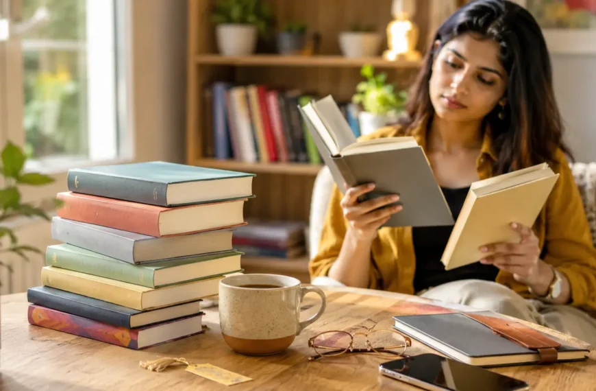 Young Indian reader choosing from a stack of bestselling books at a modern reading desk