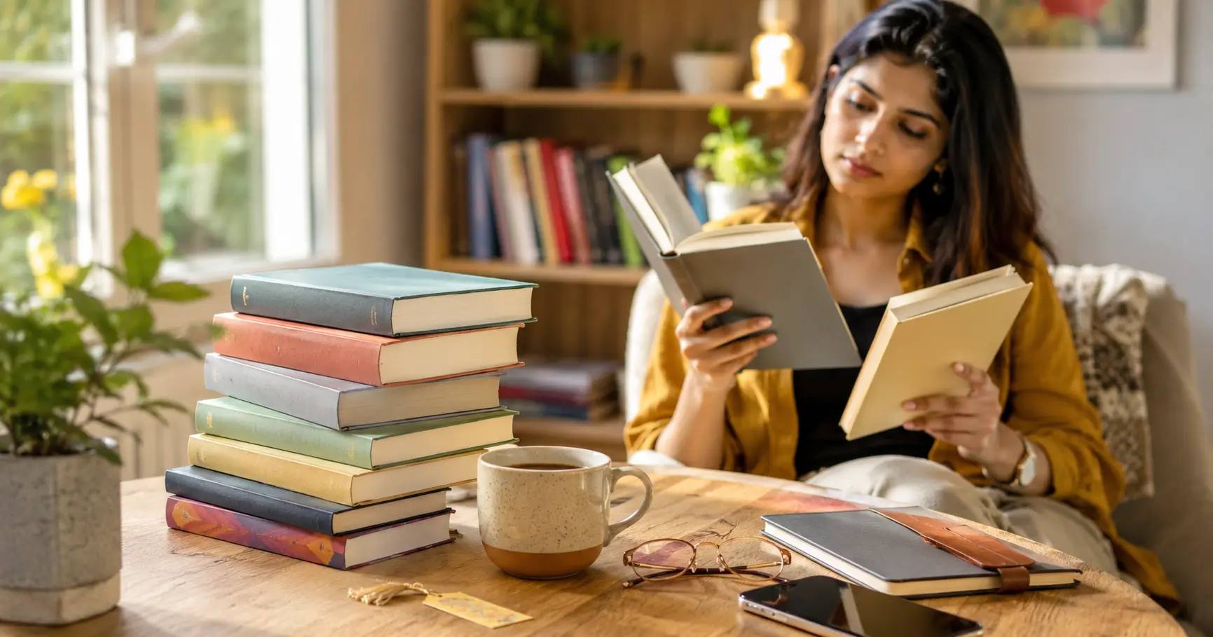 Young Indian reader choosing from a stack of bestselling books at a modern reading desk