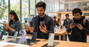 Best smartphones under ₹25,000 compared in a modern electronics showroom for camera, gaming, battery, and everyday performance.