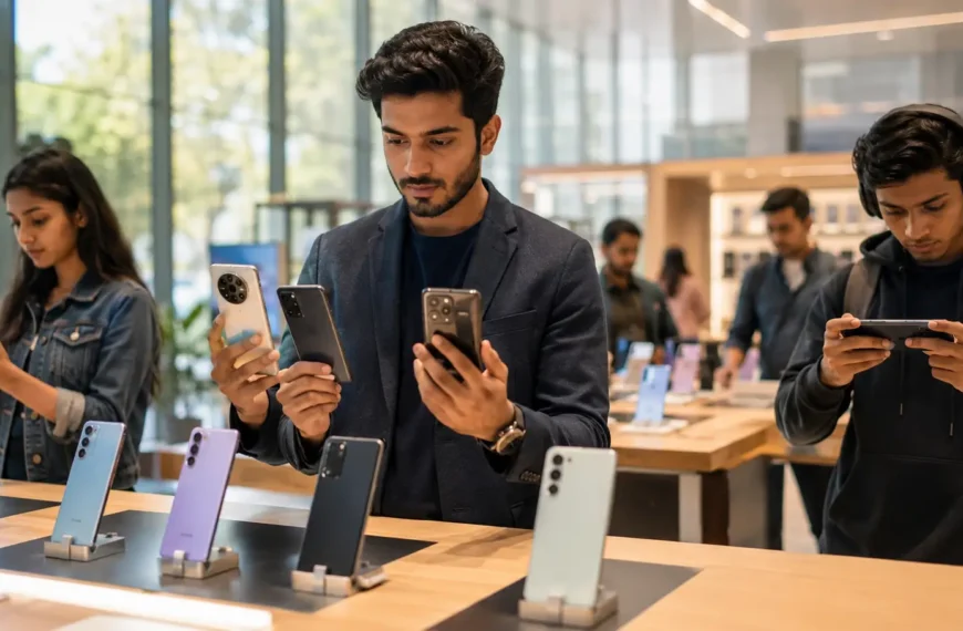 Best smartphones under ₹25,000 compared in a modern electronics showroom for camera, gaming, battery, and everyday performance.
