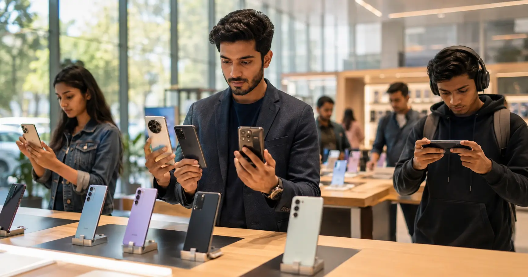 Best smartphones under ₹25,000 compared in a modern electronics showroom for camera, gaming, battery, and everyday performance.