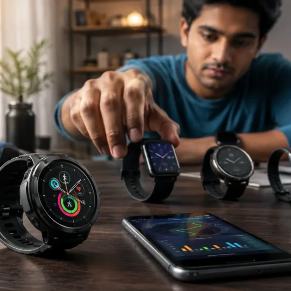 Young Indian professional comparing smartwatches under ₹5,000 with fitness and GPS features