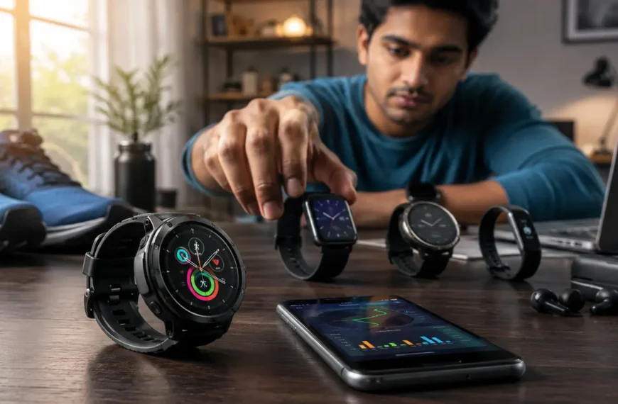 Young Indian professional comparing smartwatches under ₹5,000 with fitness and GPS features