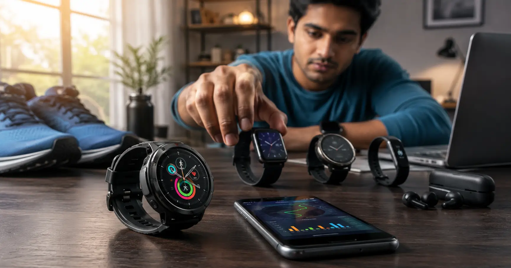Young Indian professional comparing smartwatches under ₹5,000 with fitness and GPS features