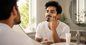 Indian man applying sunscreen to his face during a daily skincare routine