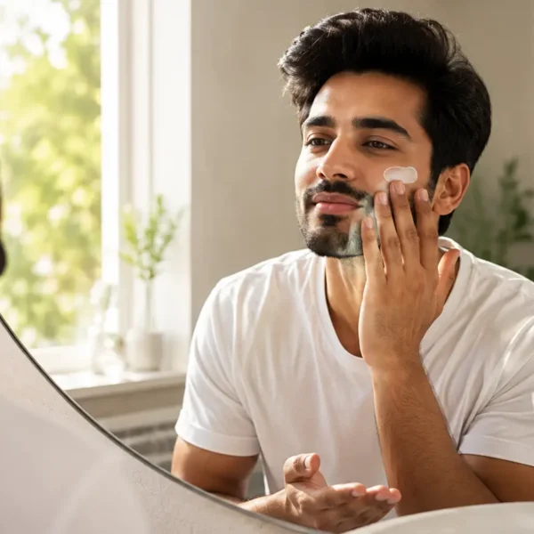 Indian man applying sunscreen to his face during a daily skincare routine