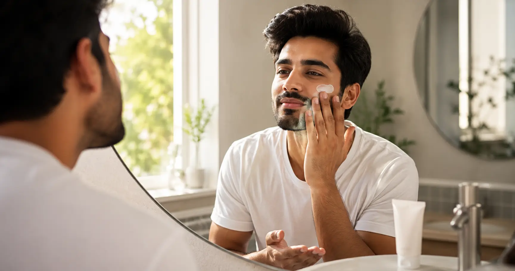 Indian man applying sunscreen to his face during a daily skincare routine
