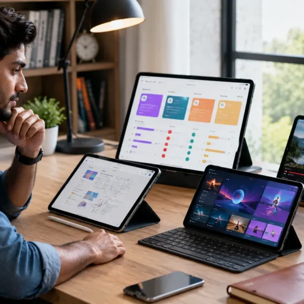 Indian professional comparing modern tablets at a desk while choosing a budget tablet