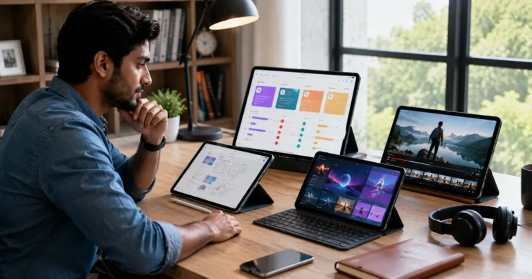 Indian professional comparing modern tablets at a desk while choosing a budget tablet