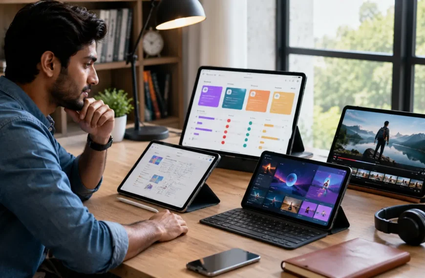 Indian professional comparing modern tablets at a desk while choosing a budget tablet