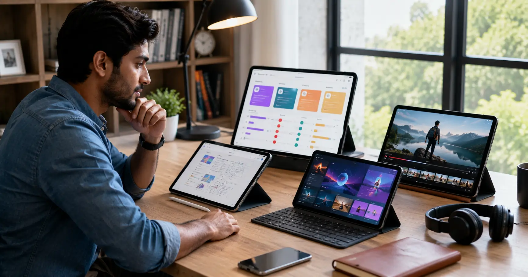 Indian professional comparing modern tablets at a desk while choosing a budget tablet