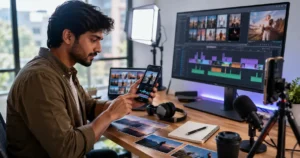 Young content creator using a smartphone and video-editing workspace to explore CapCut templates
