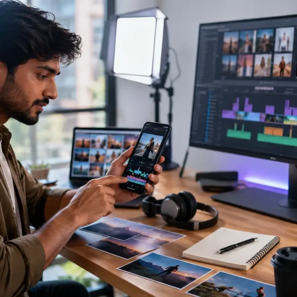 Young content creator using a smartphone and video-editing workspace to explore CapCut templates