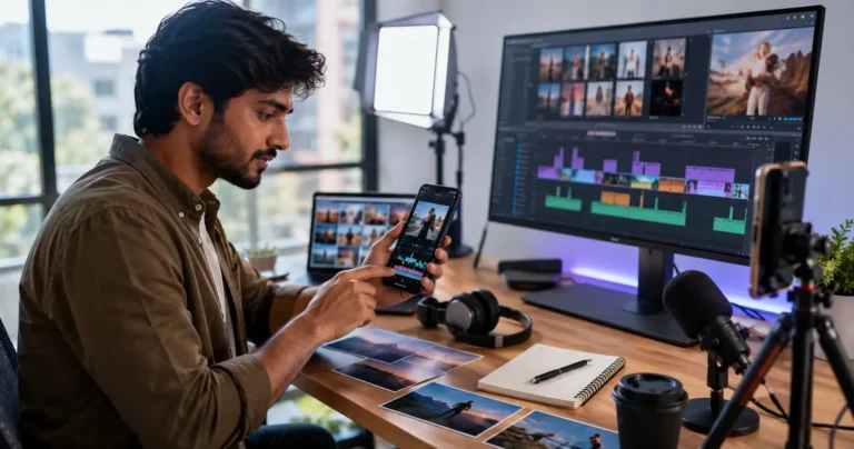Young content creator using a smartphone and video-editing workspace to explore CapCut templates