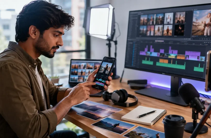 Young content creator using a smartphone and video-editing workspace to explore CapCut templates