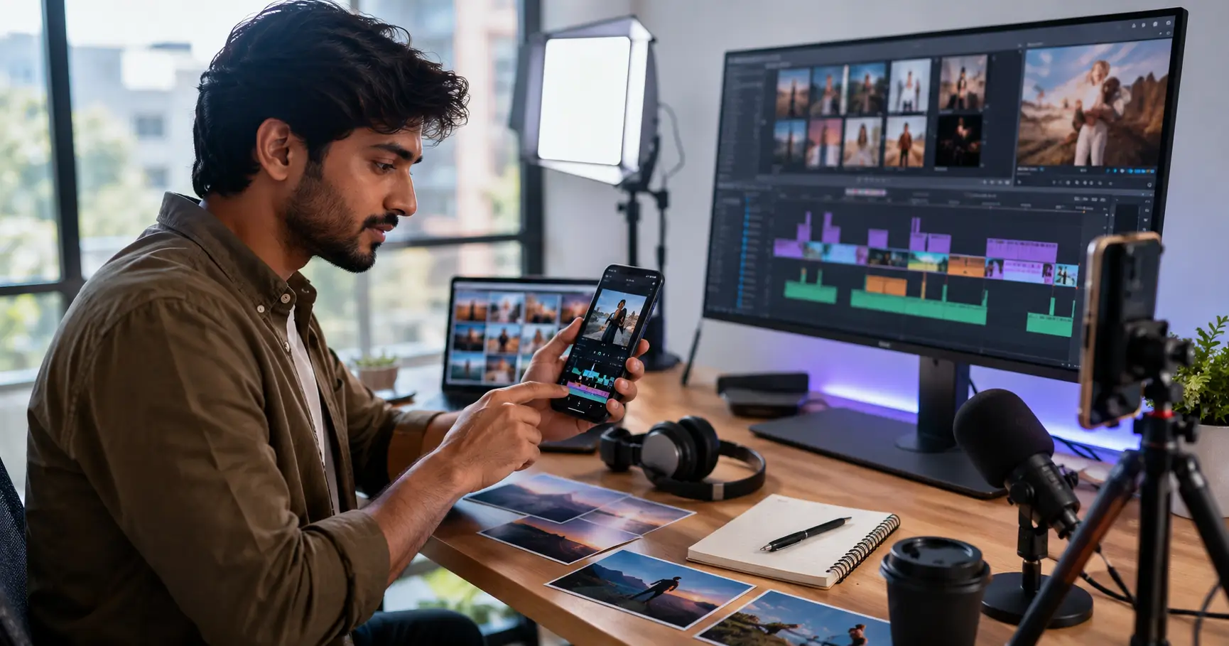 Young content creator using a smartphone and video-editing workspace to explore CapCut templates