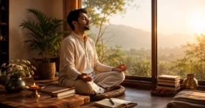 Indian adult meditating peacefully in natural morning light while reflecting on divine energy