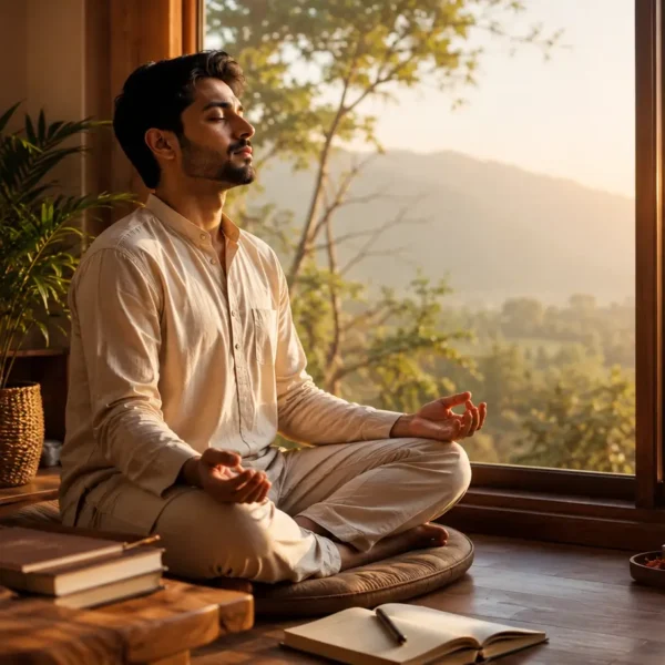 Indian adult meditating peacefully in natural morning light while reflecting on divine energy