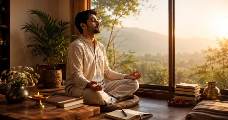 Indian adult meditating peacefully in natural morning light while reflecting on divine energy
