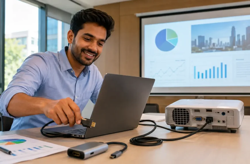 Person connecting a laptop to a projector with an HDMI cable in a modern conference room