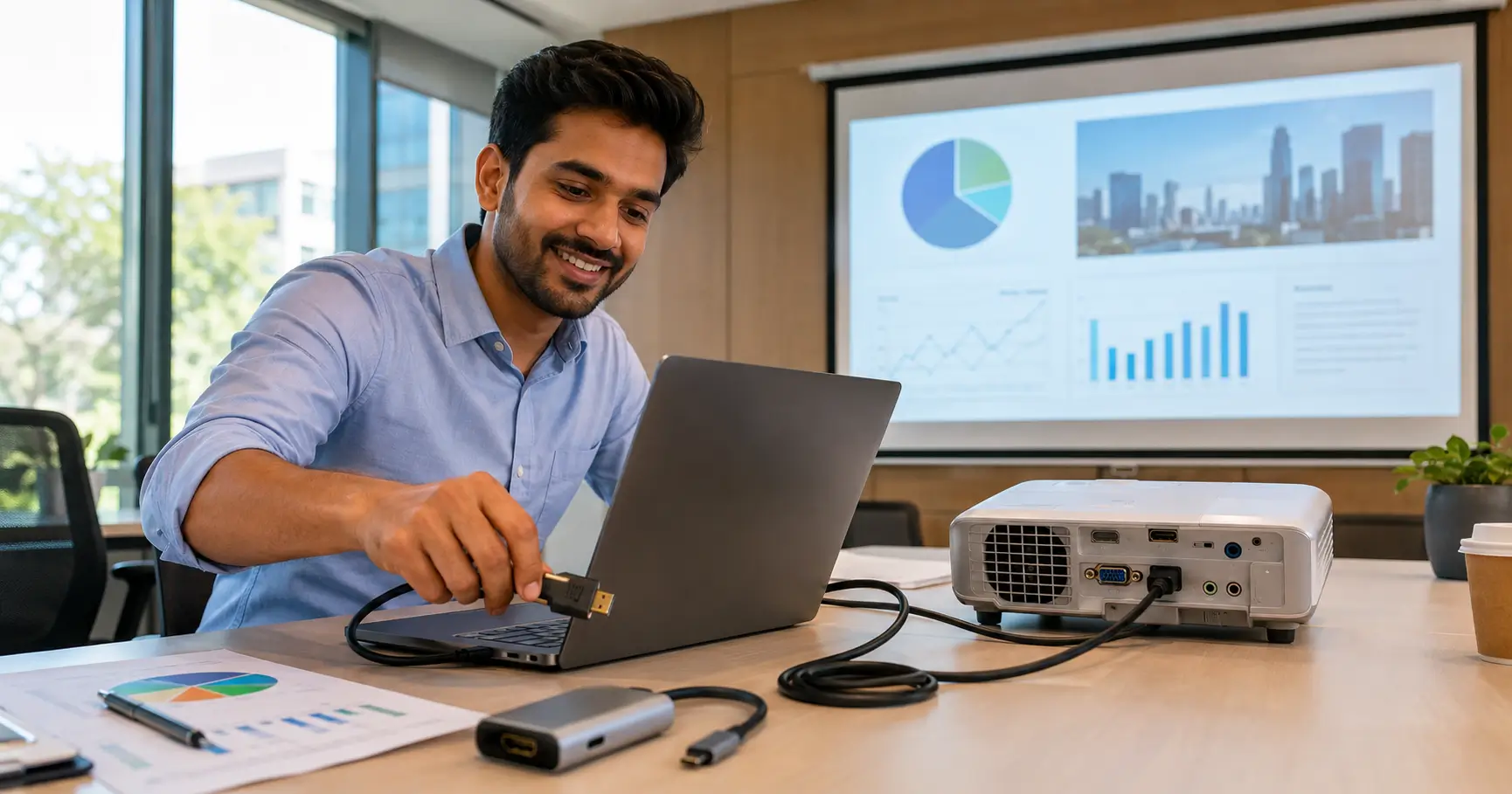Person connecting a laptop to a projector with an HDMI cable in a modern conference room