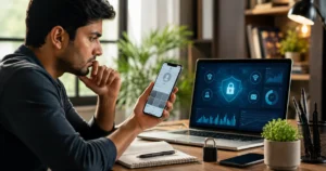 Indian user examining a private social media profile and online privacy risks