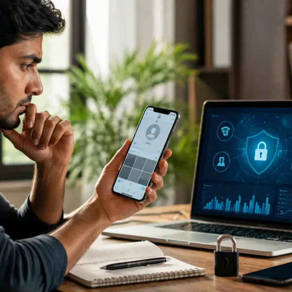 Indian user examining a private social media profile and online privacy risks