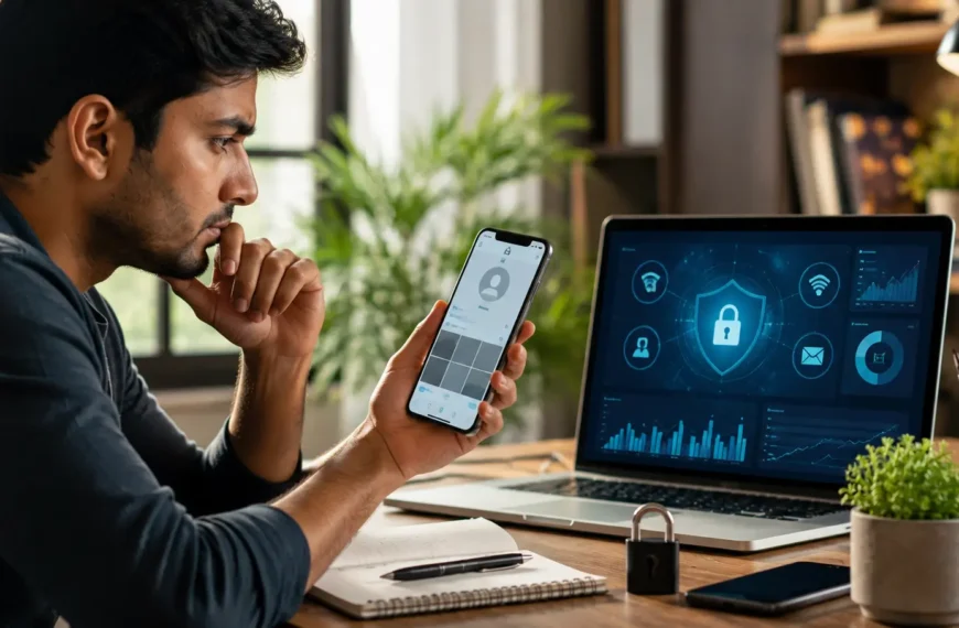 Indian user examining a private social media profile and online privacy risks