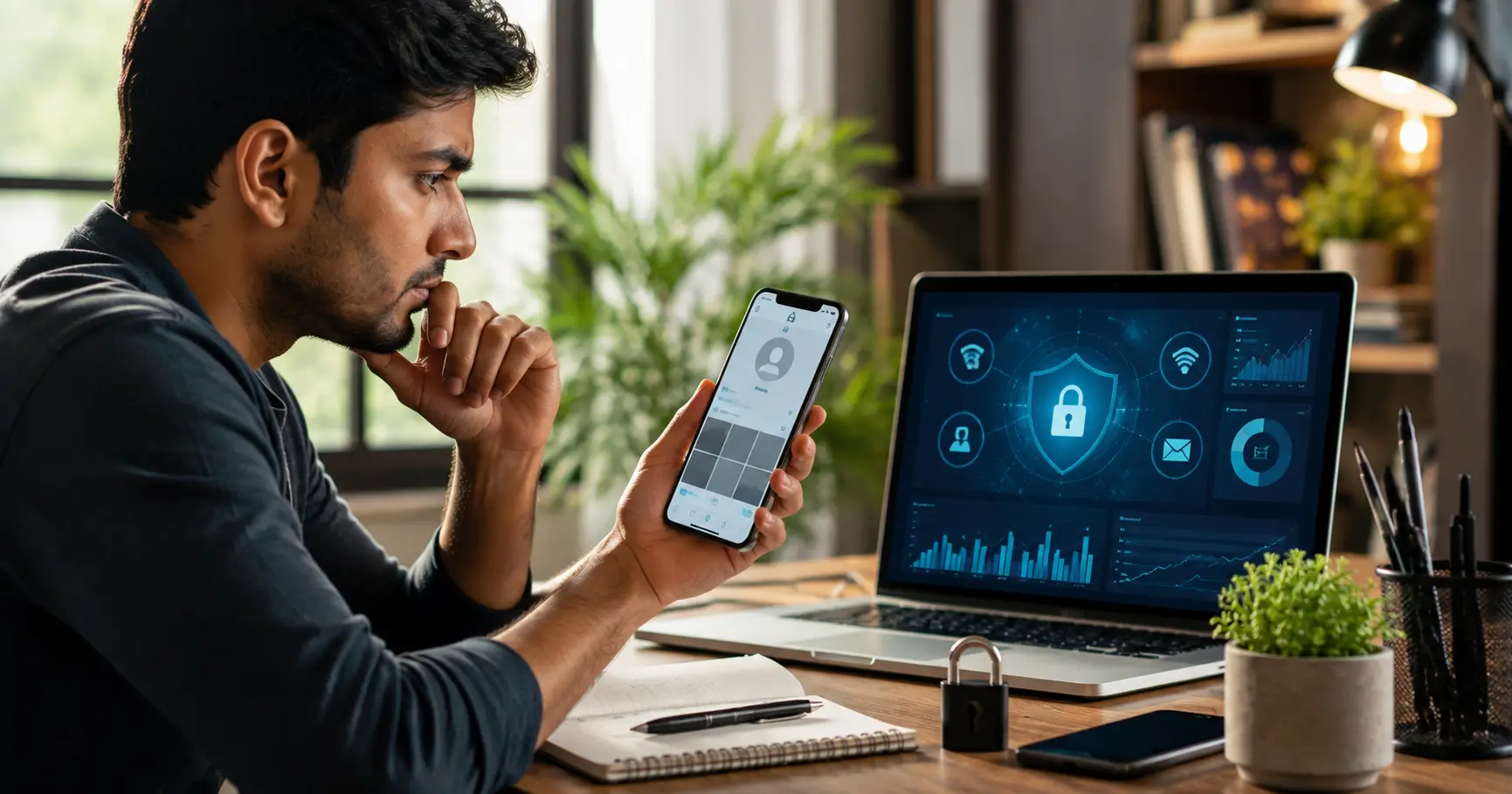Indian user examining a private social media profile and online privacy risks