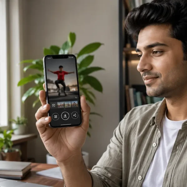 Indian smartphone user downloading and saving an Instagram Reel on a modern phone