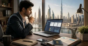 Young Indian professional researching Dubai job opportunities and career options on a laptop