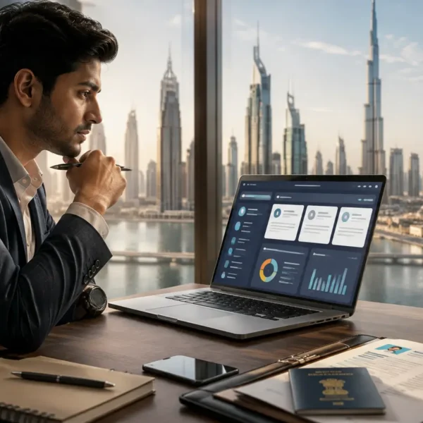 Young Indian professional researching Dubai job opportunities and career options on a laptop