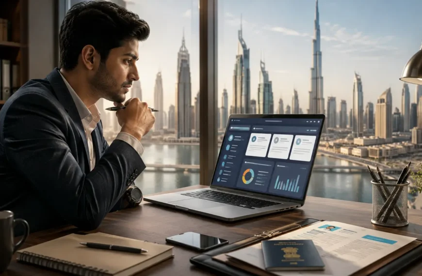 Young Indian professional researching Dubai job opportunities and career options on a laptop